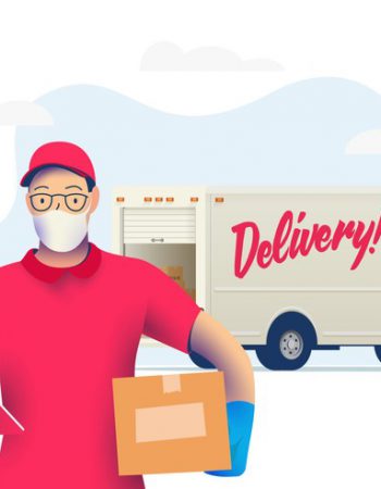 Delivery courier man with medical protective mask on his face holding package with delivery truck on background. Delivery during quarantine time. Vector eps 10 illustration.